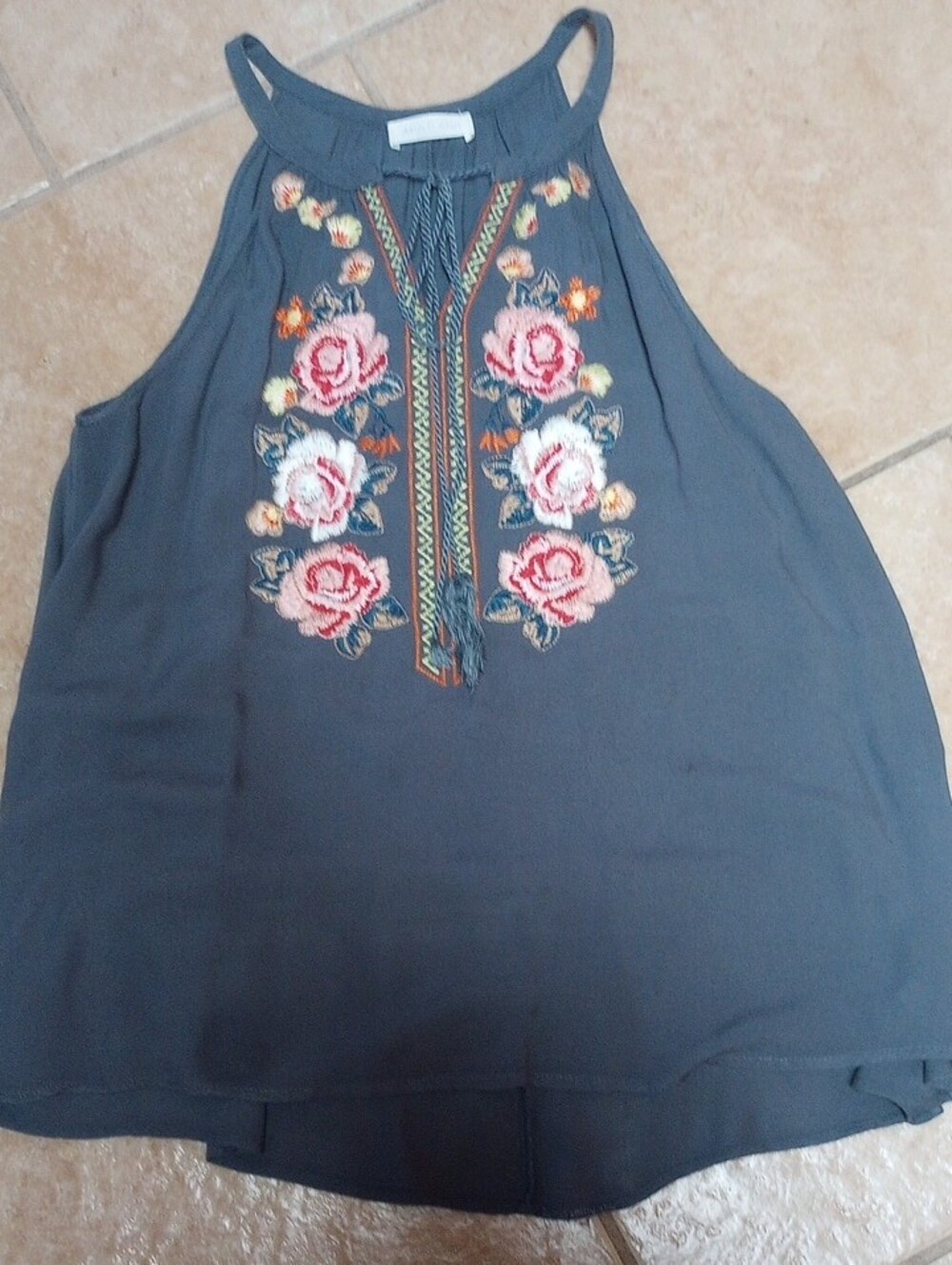 Embroidered Rose Halter Cami in Slate Blue - Picture 8 of 9